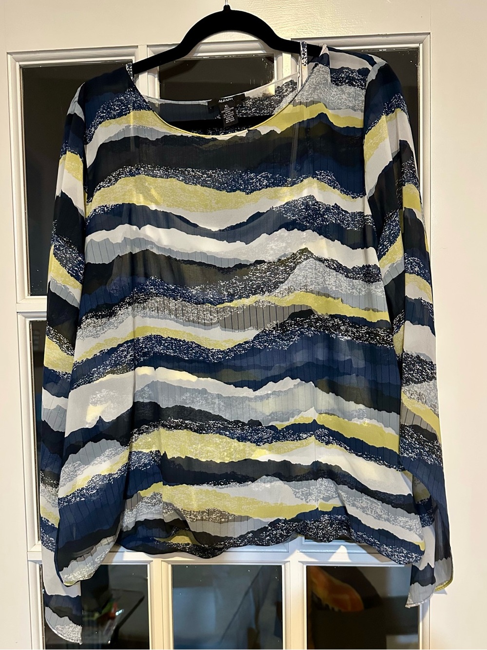 Alfani Navy, White & Yellow Wave-Print Blouse